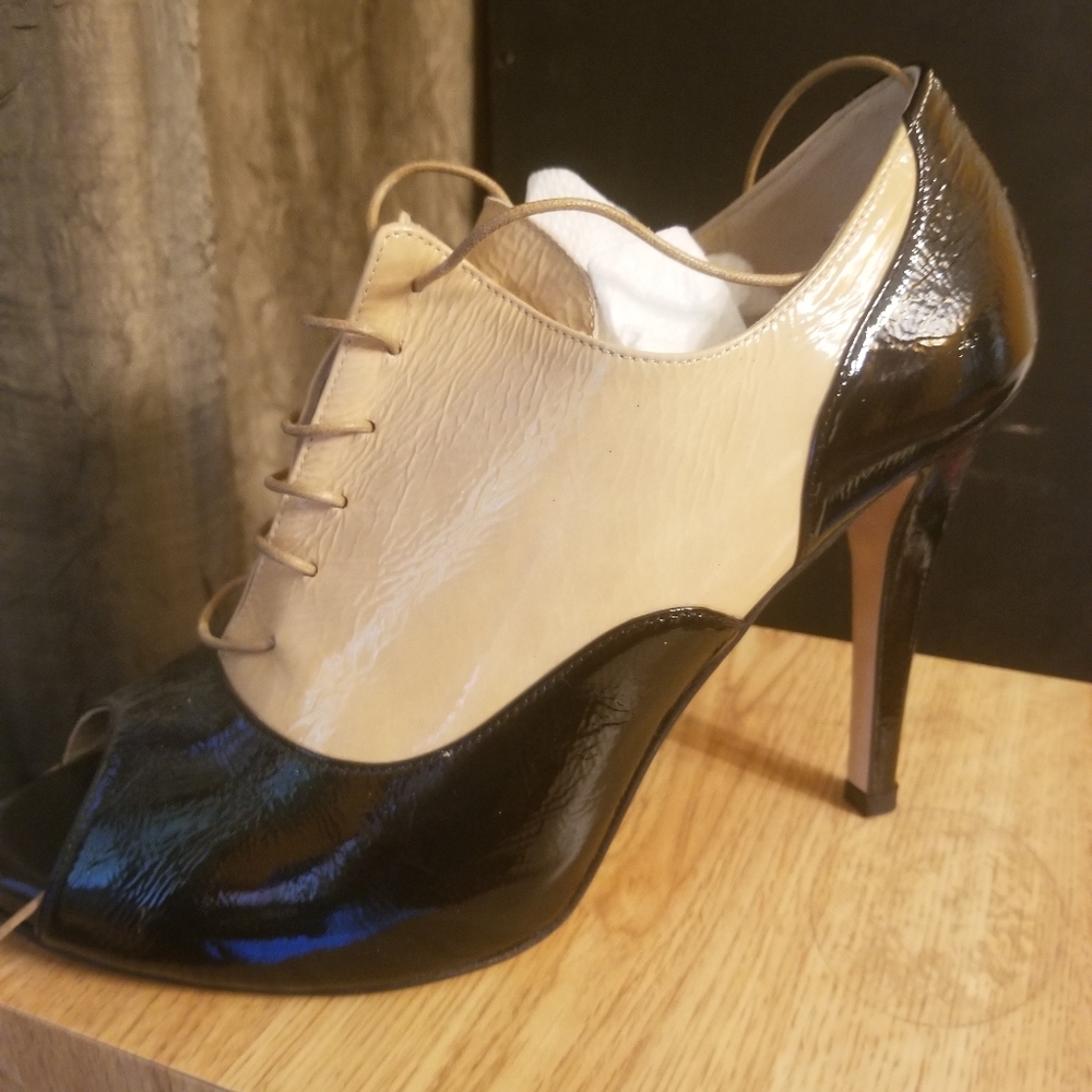 Butter brand handmade patent peep toe lace up spectator heels. 39.